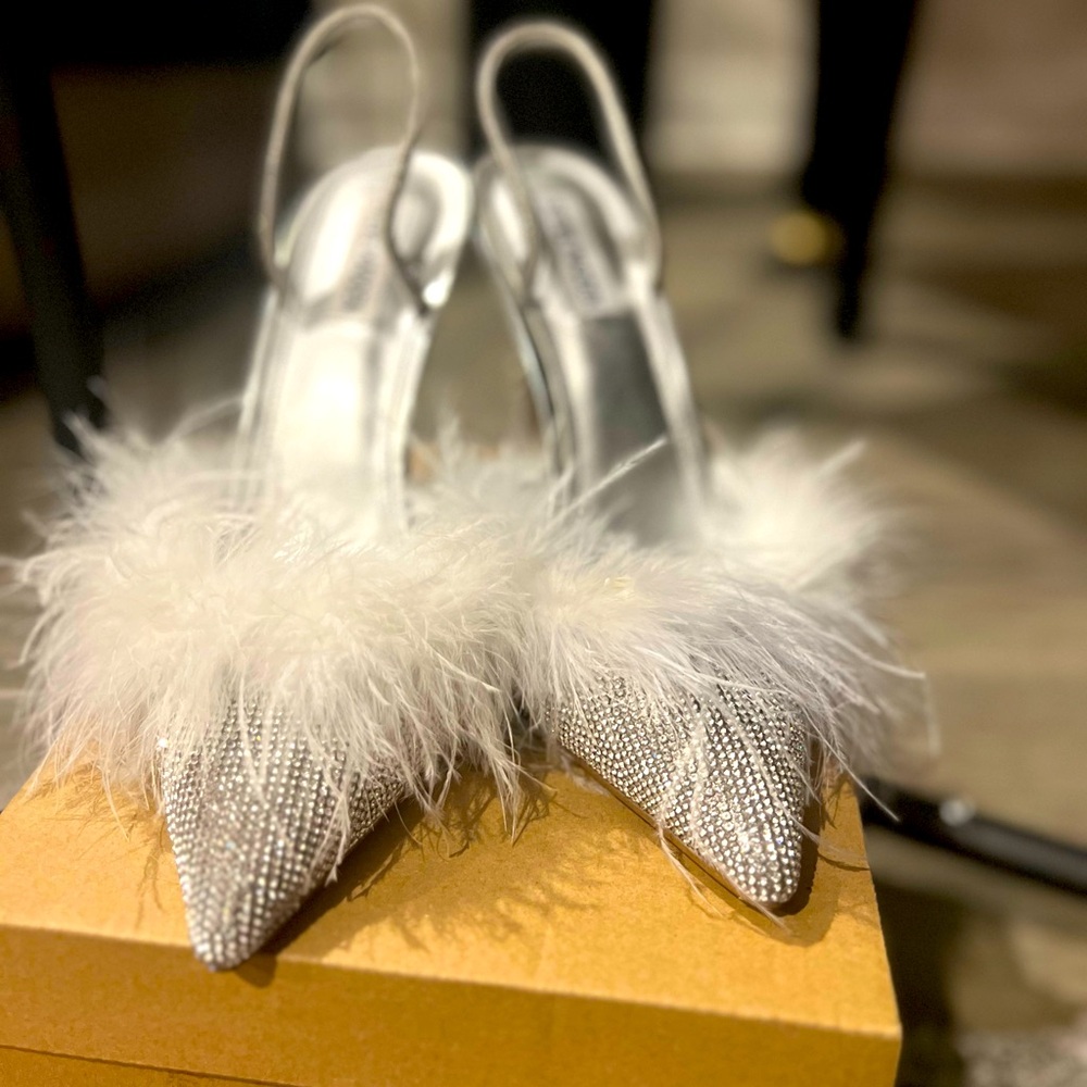 Steve Madden rhinestone heels with white feathers